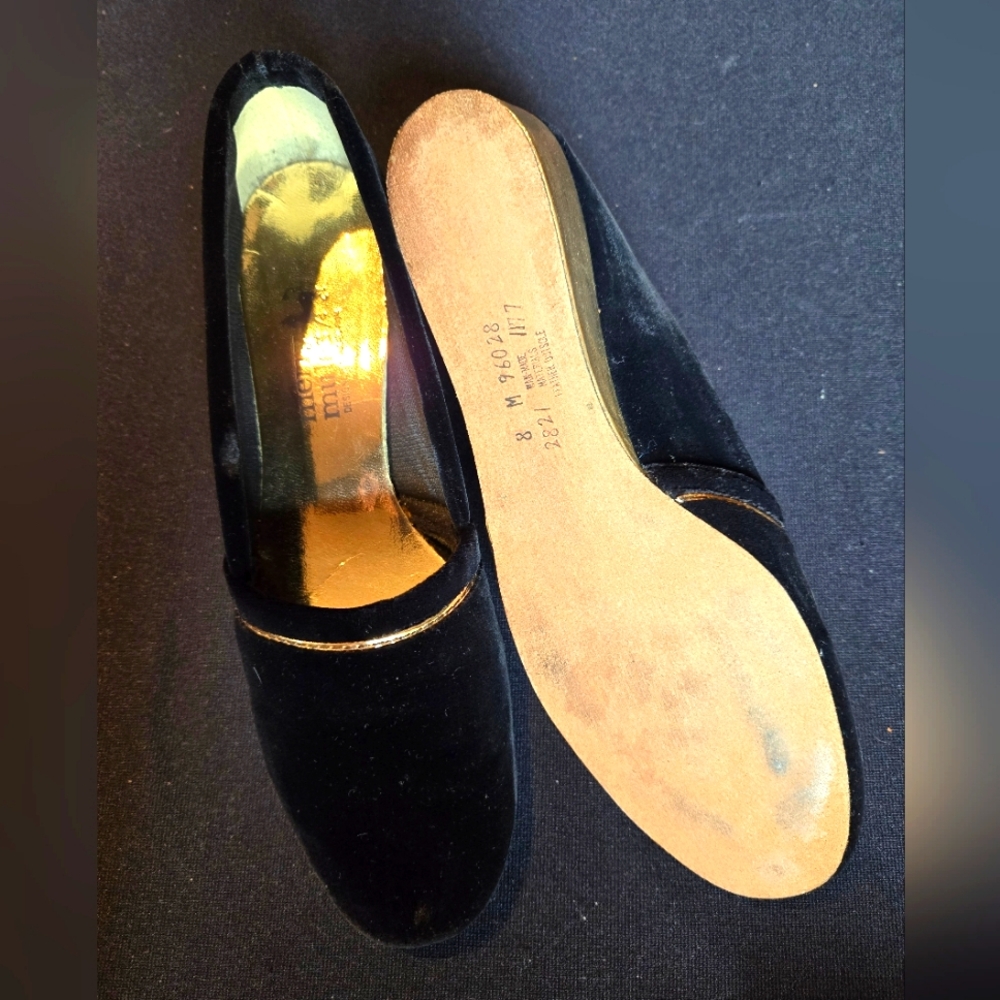 Merry Mules Designer Collection Black Velvet with Gold heels